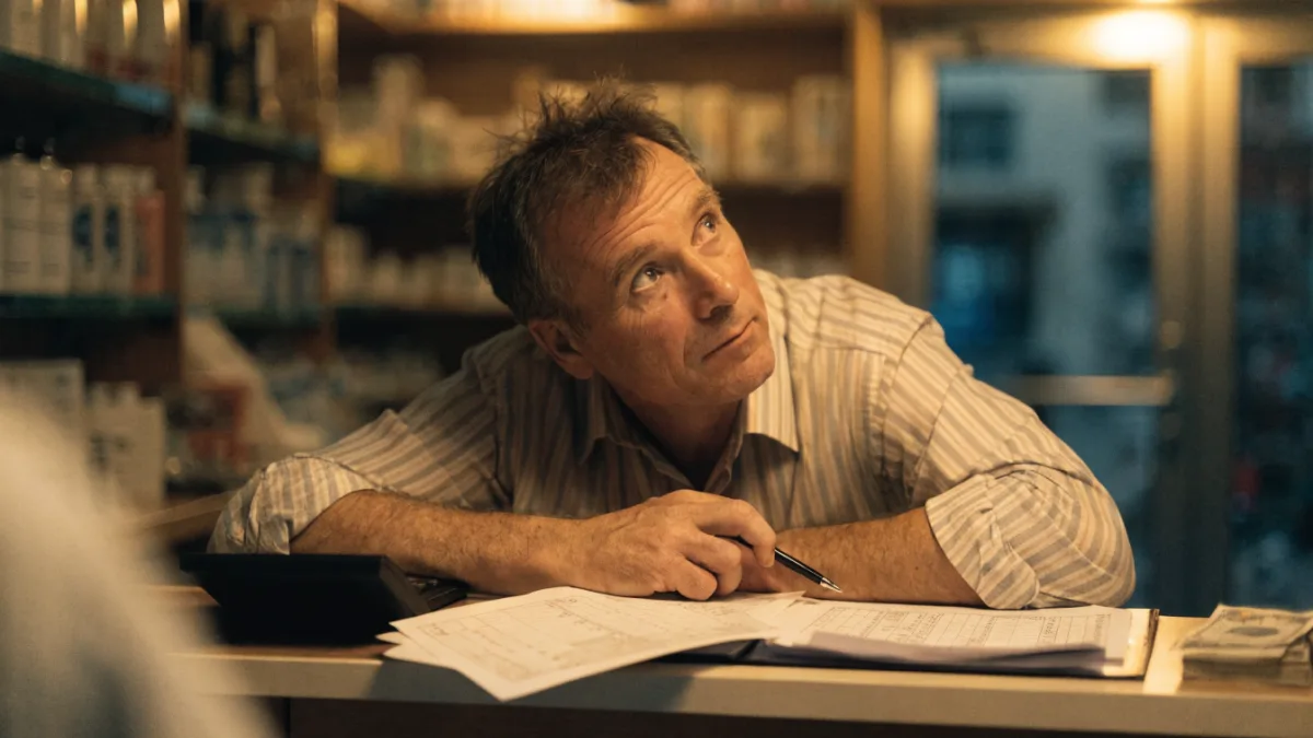 Retail shop owner going over finances at the counter in the evening