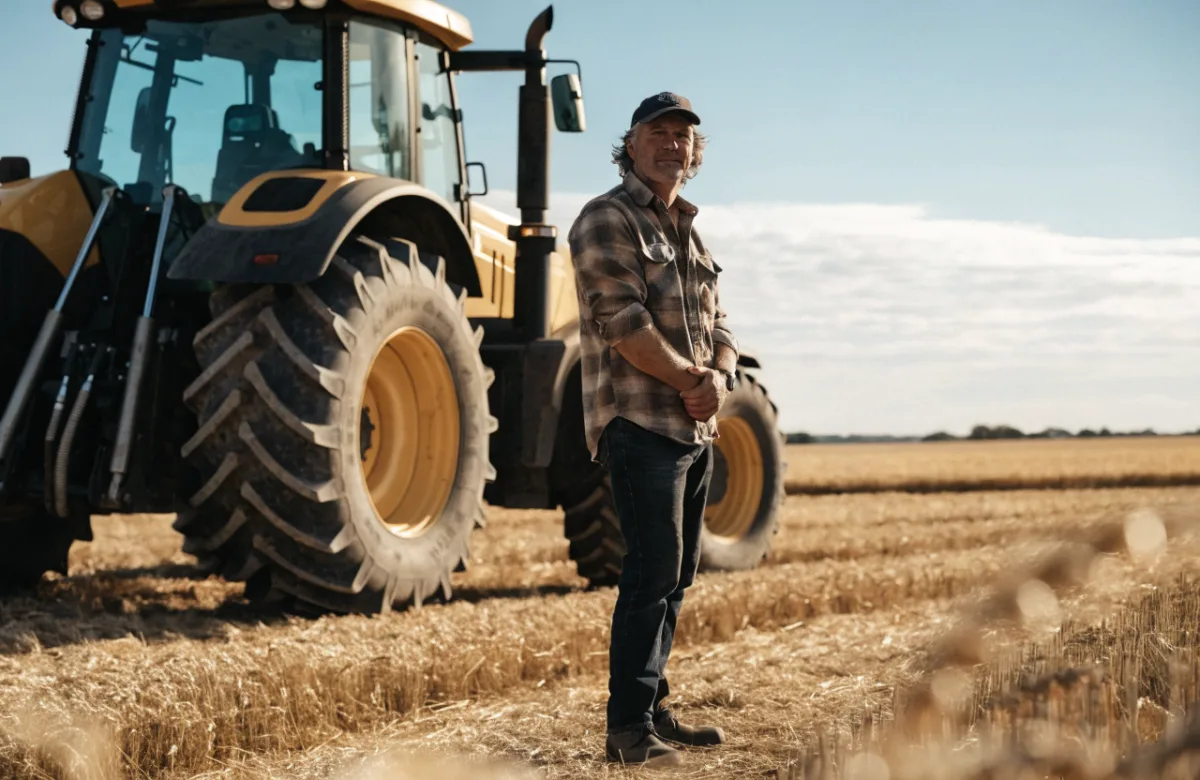Farmer standing beside a tractor in a paddock at harvest time